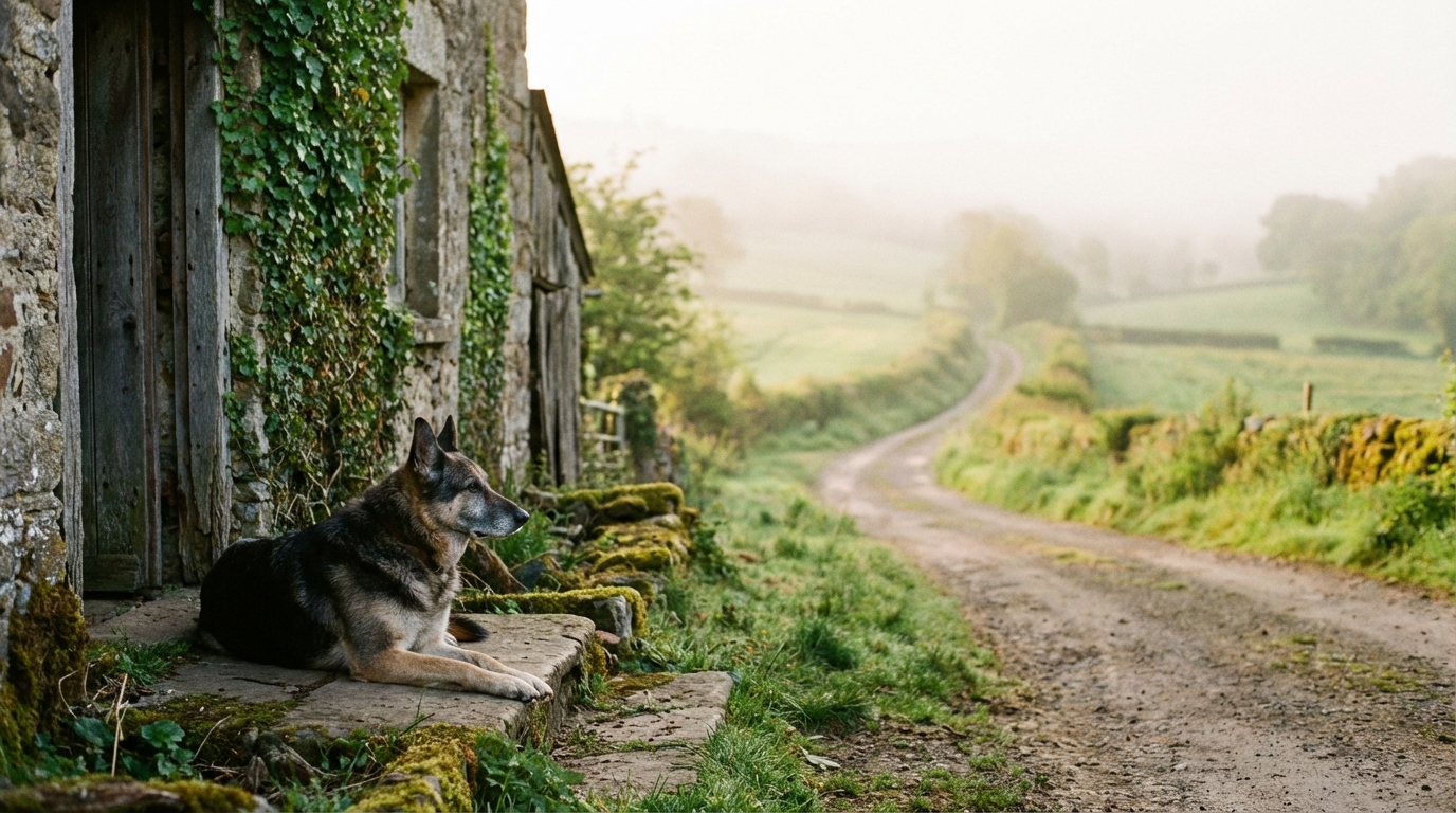 Un chien de type berger allemand, au regard loyal et mélancolique, couché devant la porte d'une vieille ferme en pierre.