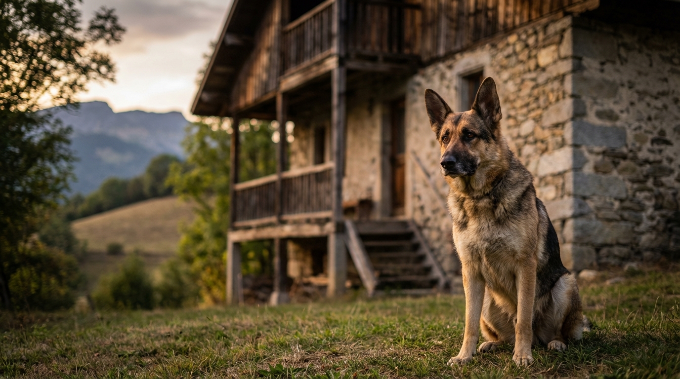 Un chien croisé berger allemand assis devant une vieille ferme en pierre, le regard empreint de tristesse et d'attente.