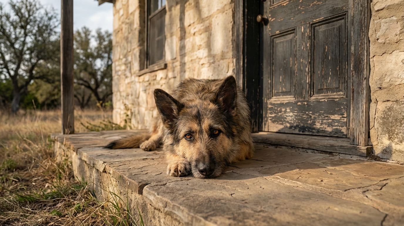 Un chien de type berger allemand, au regard triste et plein d'espoir, couché sur le seuil d'une vieille porte de ferme en bois.