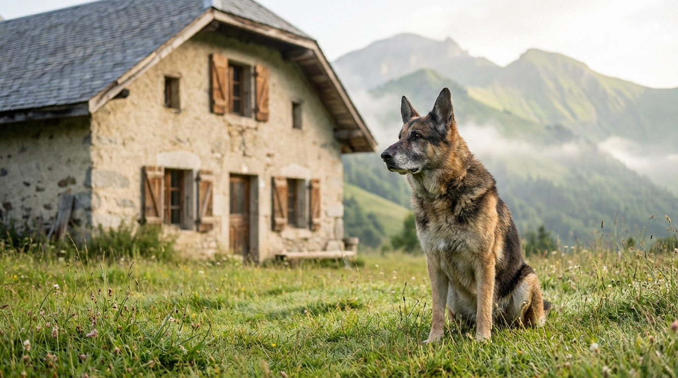 Un chien de type berger allemand assis devant une vieille ferme, regardant avec mélancolie un paysage de montagne au loin.