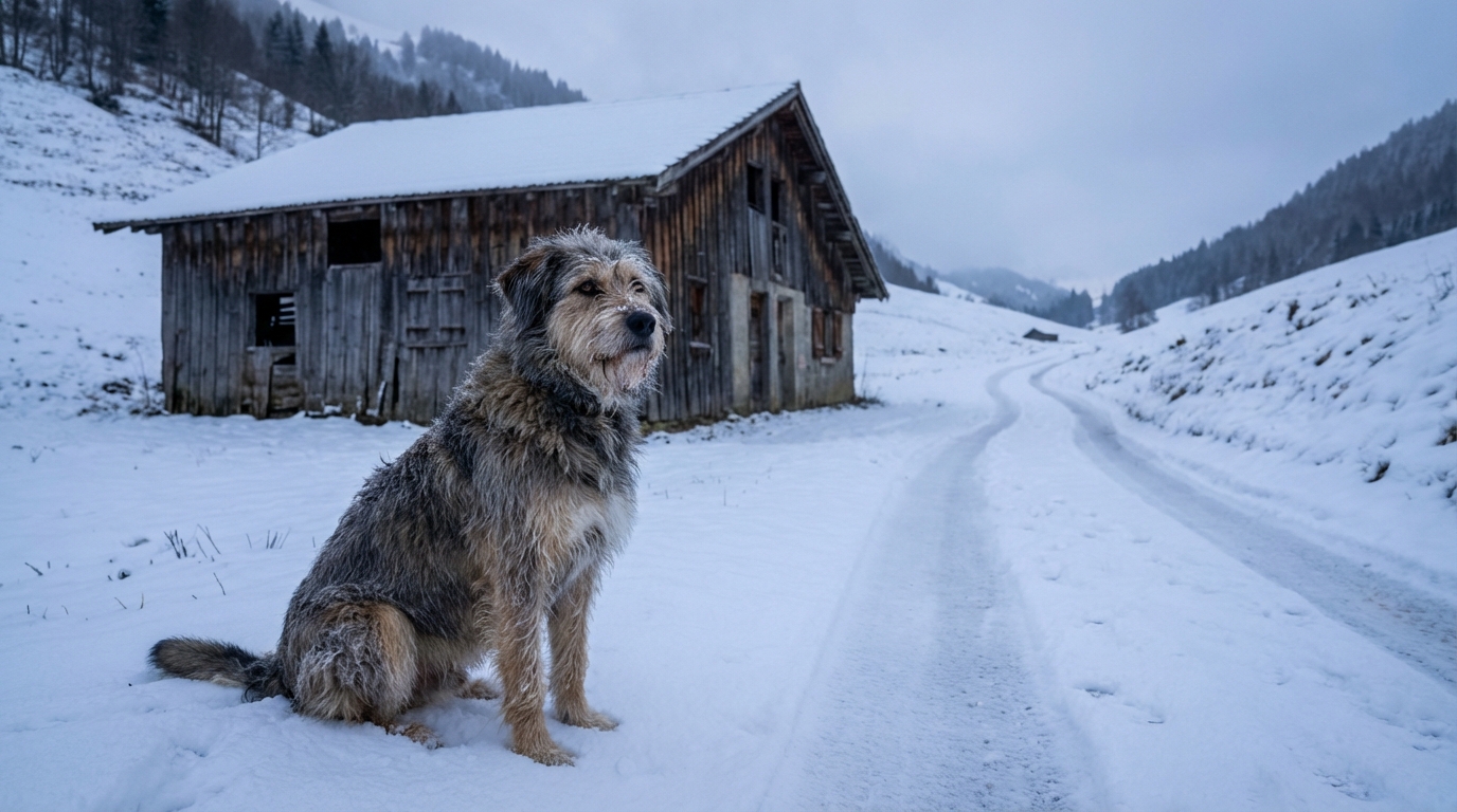 Jimmy, un chien de ferme au regard loyal, assis devant une vieille ferme en bois dans un paysage de montagne en Haute-Savoie.