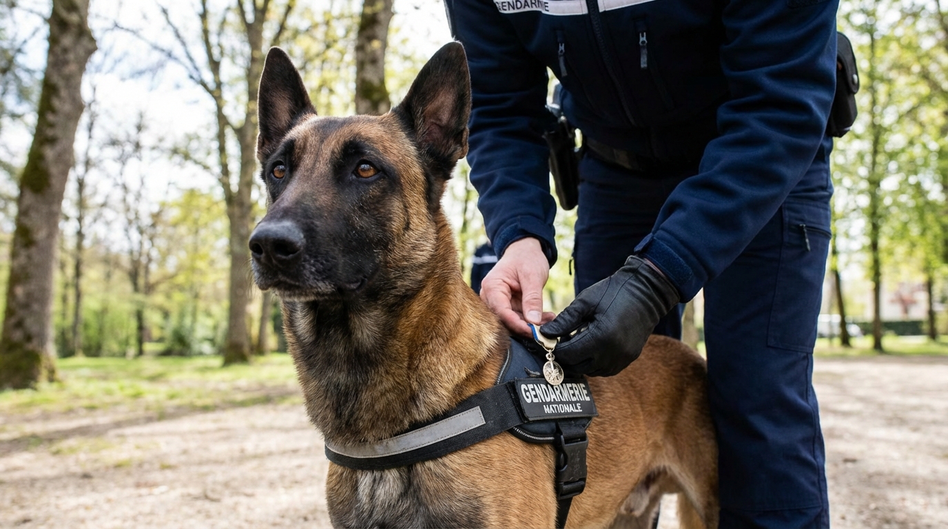 Owen, un berger belge malinois en uniforme de la gendarmerie, regarde fièrement avec une médaille accrochée à son harnais.