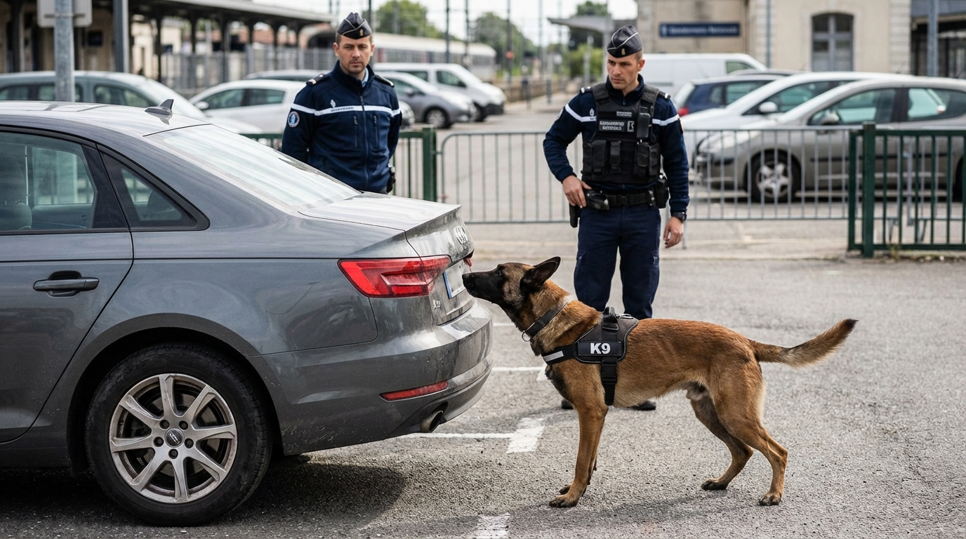 Un chien de la gendarmerie, probablement un Malinois, concentré lors d'un exercice de recherche de stupéfiants près d'un véhicule.