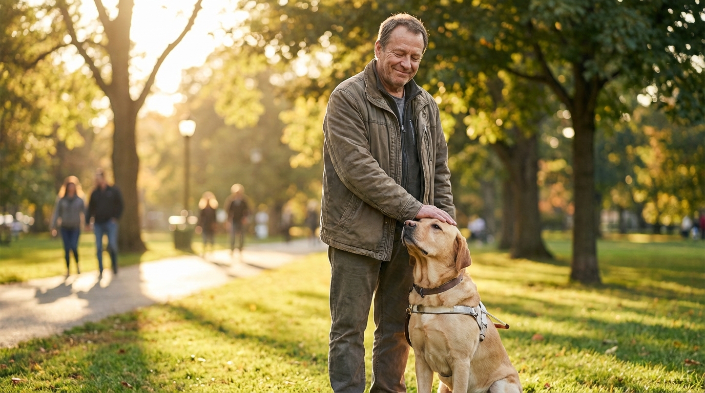Un chien guide, probablement un Labrador couleur sable, regarde affectueusement son maître malvoyant qui lui sourit.