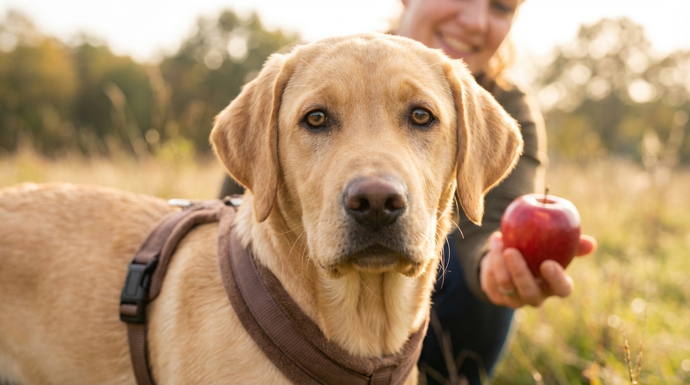 Un jeune chiot labrador en formation pour devenir chien guide, assis sagement et regardant avec attention.