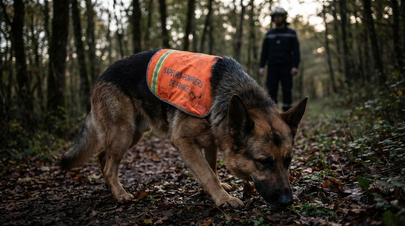 Un chien de recherche et sauvetage de l'équipe cynotechnique, concentré lors d'une mission pour retrouver une personne disparue.