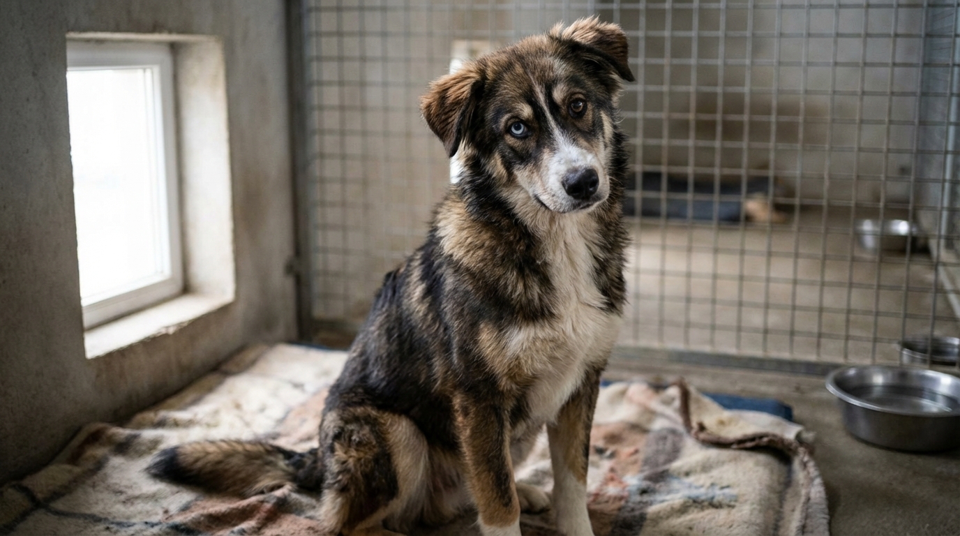 Un chien croisé husky et malinois au regard triste est assis dans son box à la SPA, attendant une nouvelle famille.