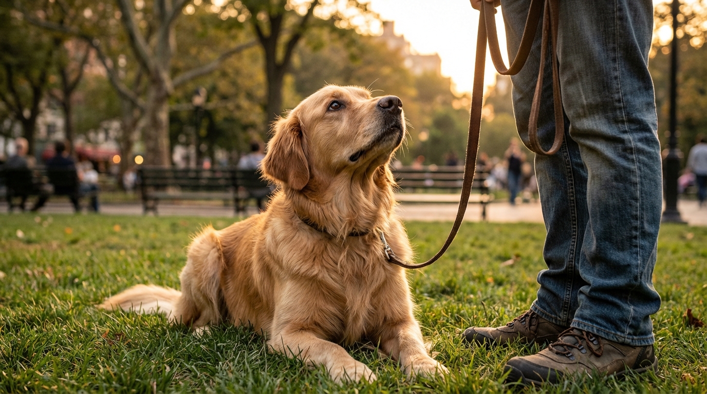 Un chien regarde avec inquiétude son maître lors d'une promenade dans un parc public, symbolisant la peur des intoxications.