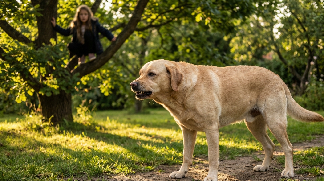 Un courageux chien croisé labrador se tenant de manière protectrice devant une fillette effrayée dans un jardin verdoyant.