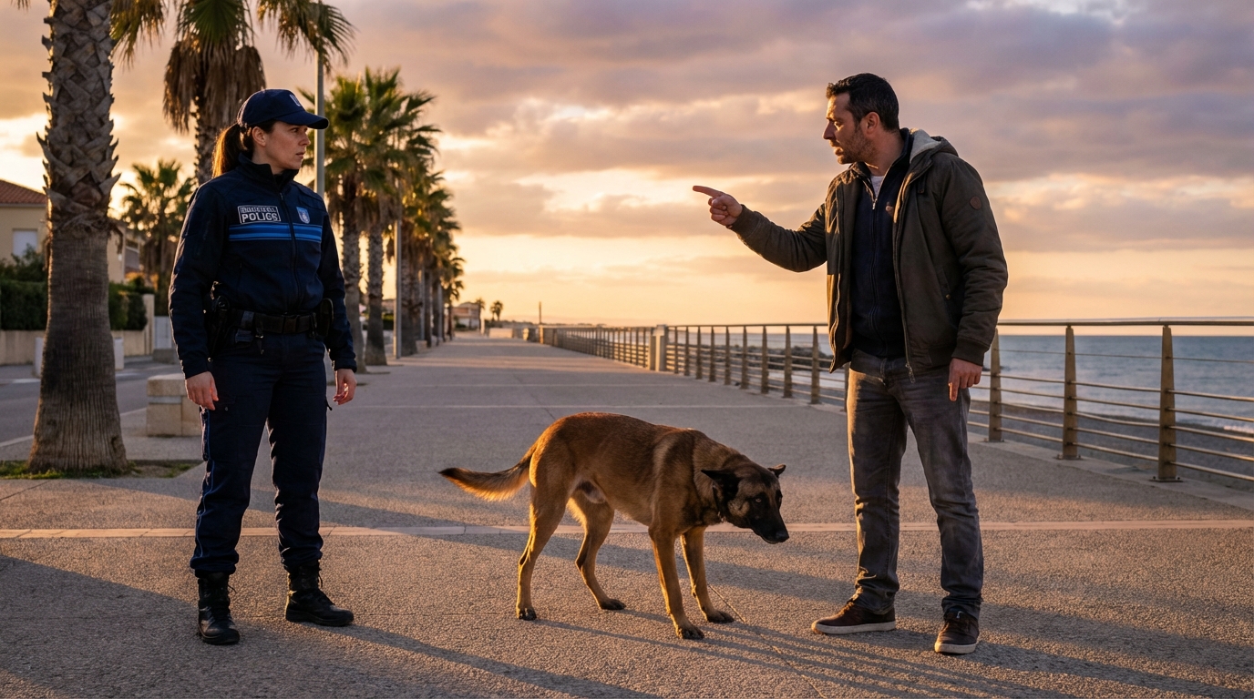 Un chien de type berger au regard confus se tient entre son maître et une policière en uniforme sur une promenade en bord de mer.