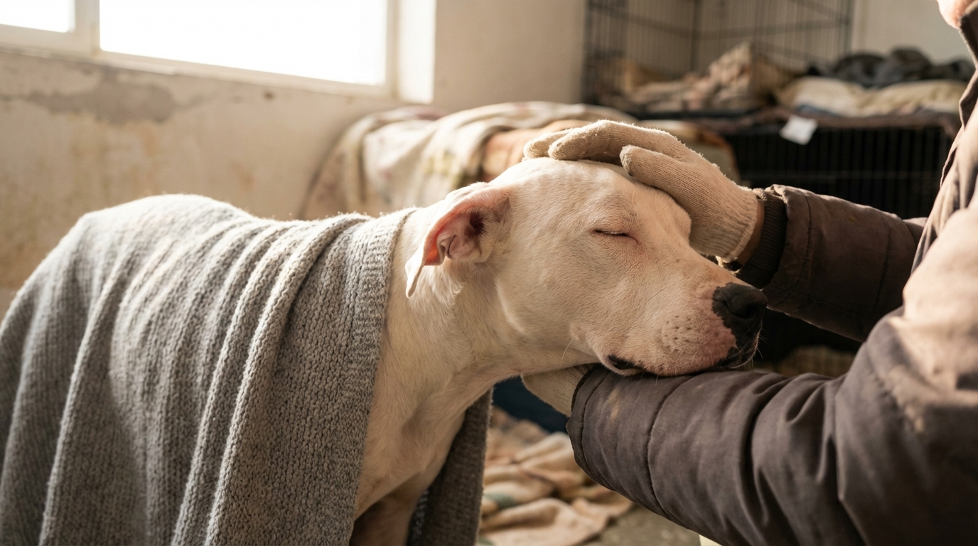 Un chien de type dogue argentin, très maigre mais au regard doux, est soigné par un bénévole de la SPA.