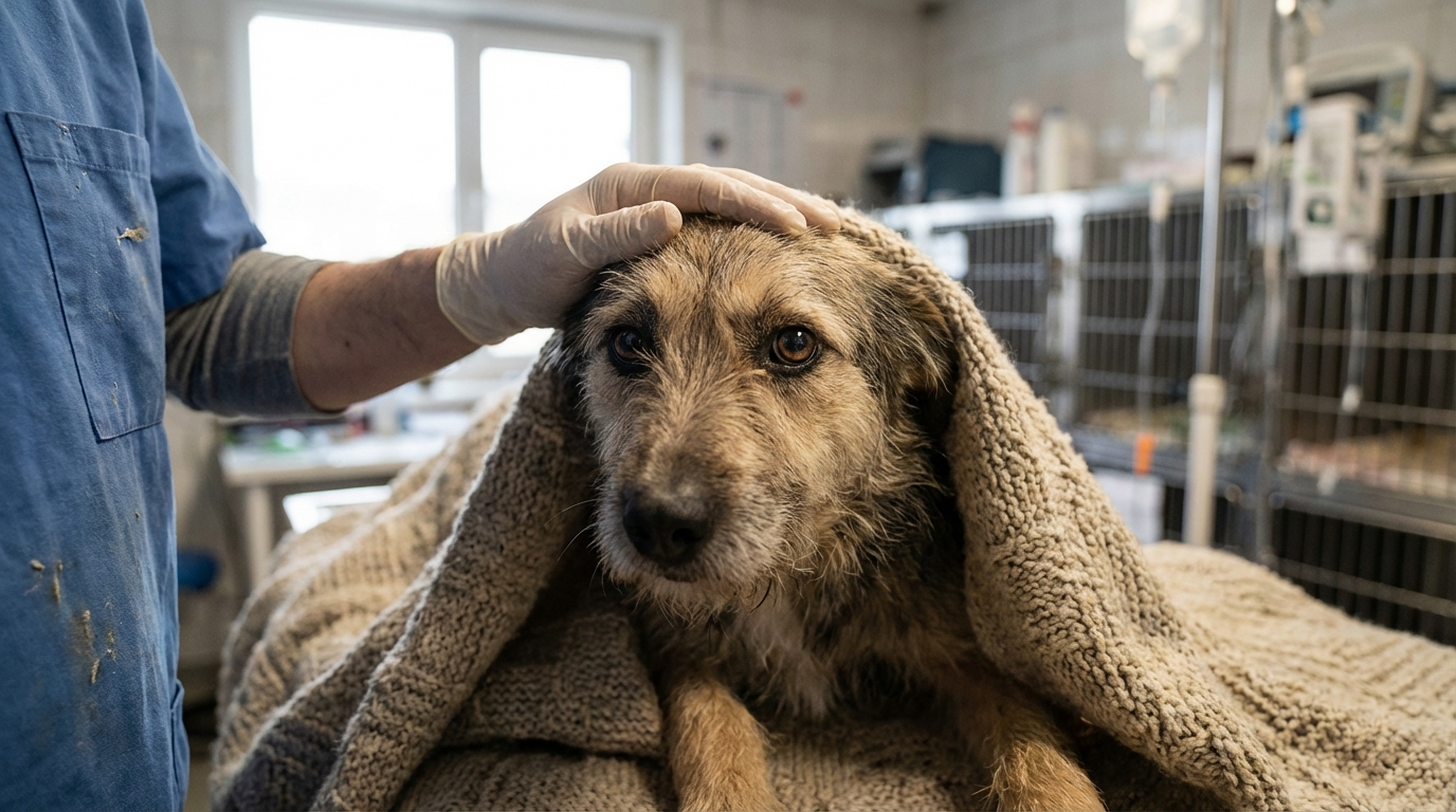 Un chien très maigre et triste regarde l'objectif, symbolisant le sauvetage de Vicky par la SPA de Colmar.