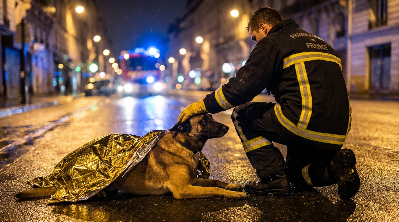 Un pompier en uniforme français s'occupe avec douceur d'un chien malinois blessé, couché sur une couverture de survie.