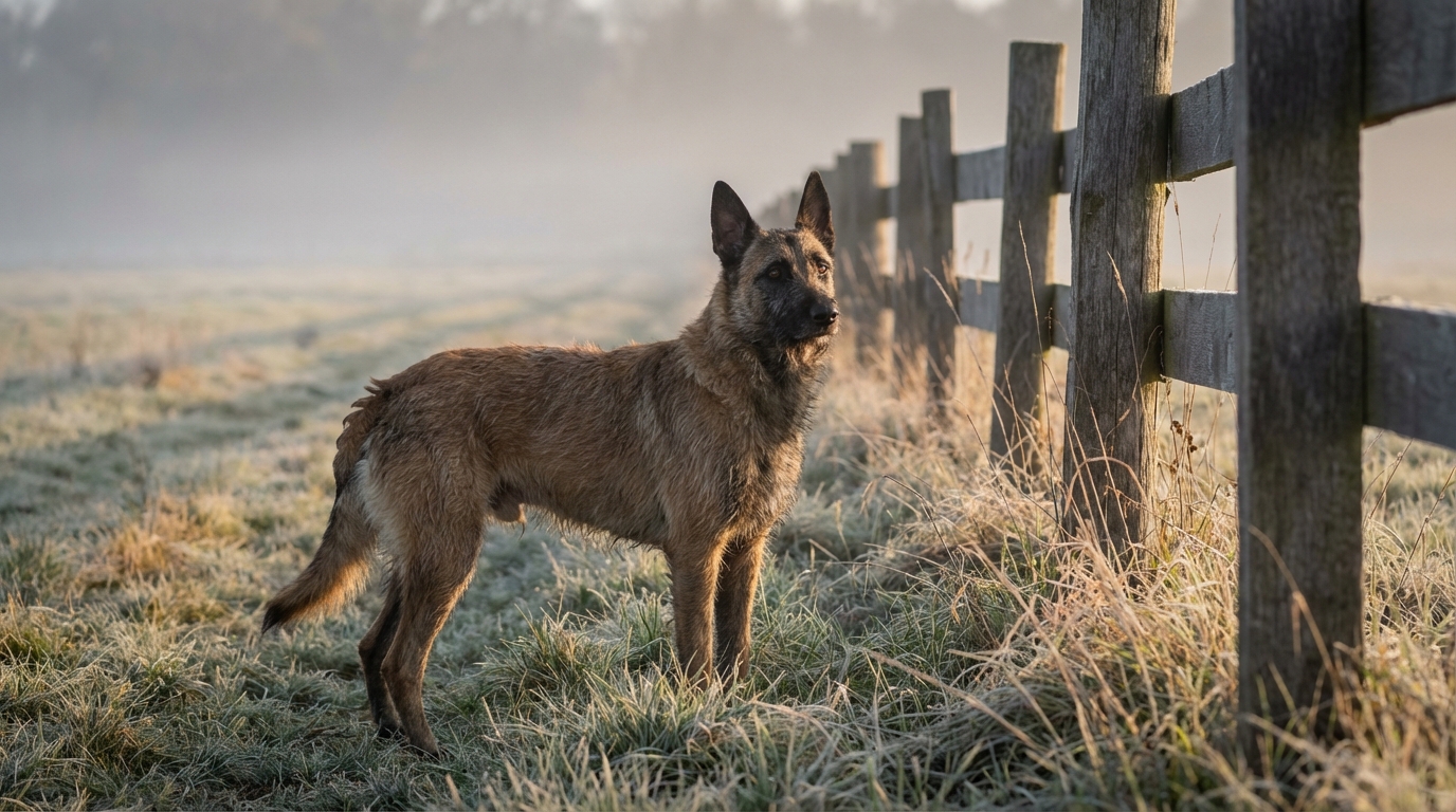 Un chien de type berger malinois seul près d'une clôture de ferme au lever du soleil, l'air perdu et triste.