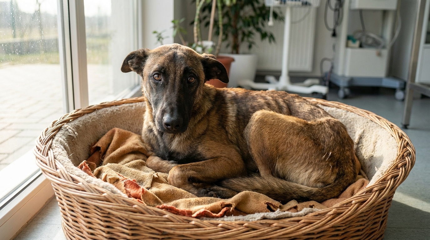 Un chien de race malinois, visiblement affaibli mais avec un regard plein d'espoir, se repose dans un panier douillet dans un refuge.
