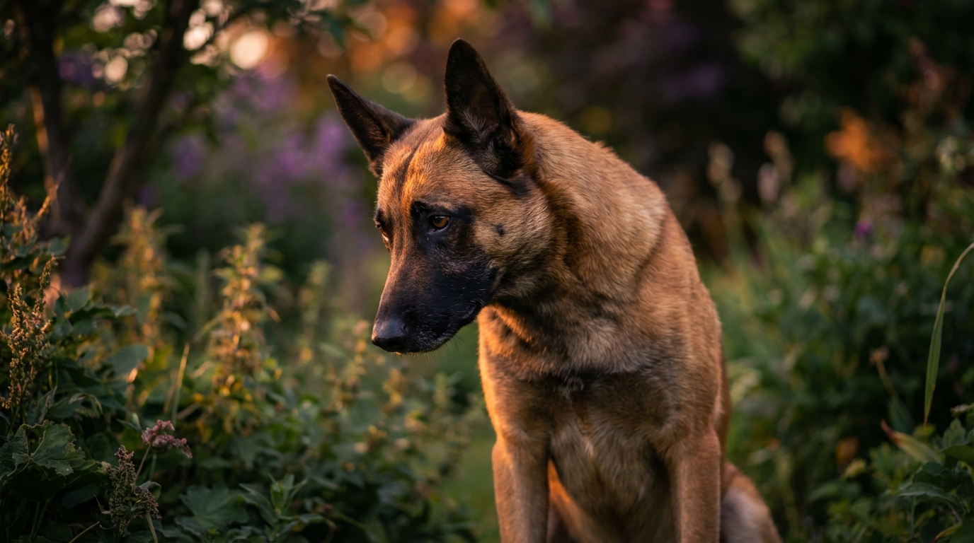 Un chien Malinois au regard triste, assis dans l'herbe, symbolisant la perte et le deuil d'un animal de compagnie.