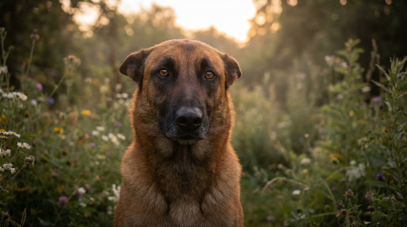 Un chien de race Malinois assis dans l'herbe, regardant pensivement, symbolisant la tristesse et l'innocence d'un animal.