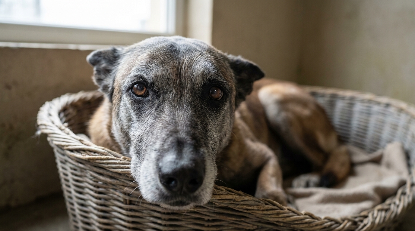 Un chien malinois au regard infiniment triste et plein d'espoir, couché dans un panier au refuge de la SPA après un sauvetage.