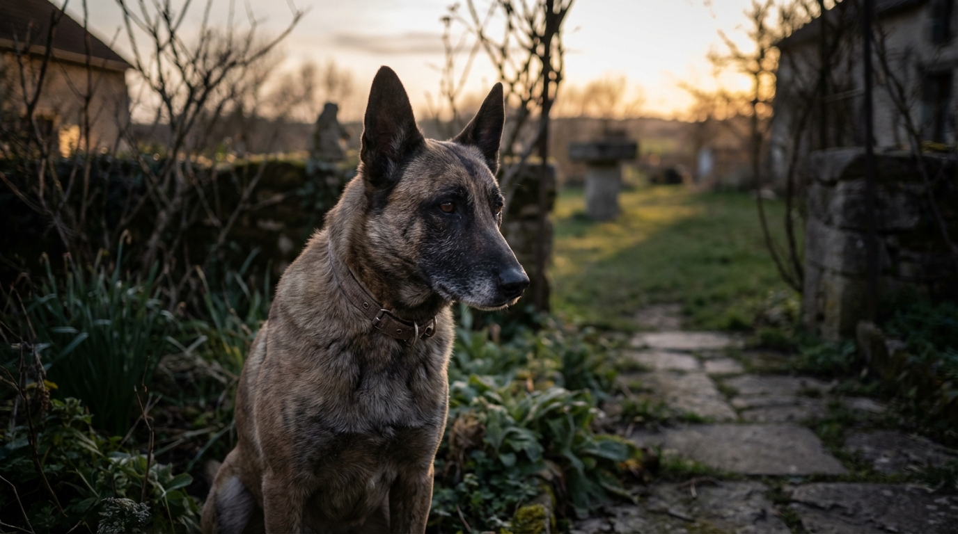 Un chien de race Berger Belge Malinois assis dans l'herbe, l'air pensif et triste, symbolisant la tragédie d'une morsure.