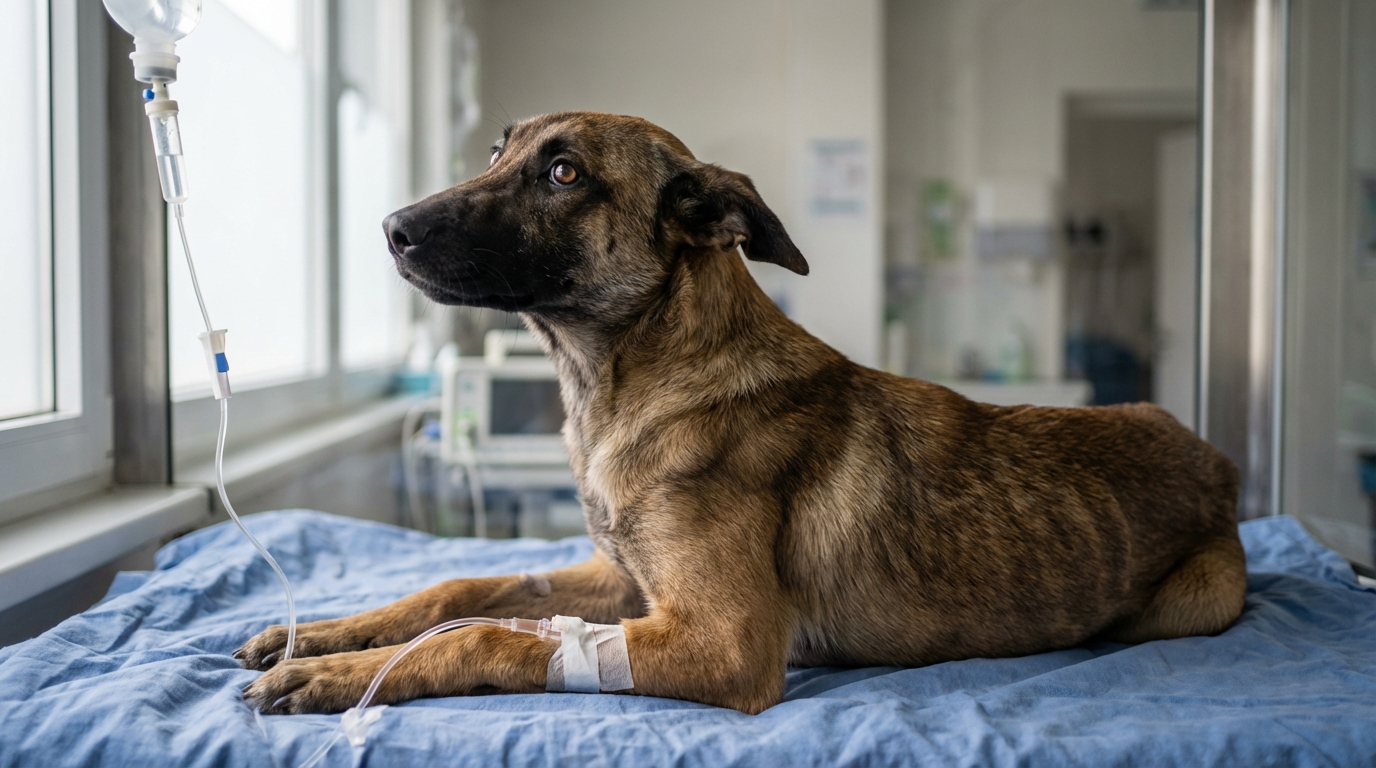 Un chien malinois très amaigri, couché sur une couverture, recevant des soins après son sauvetage par la SPA.