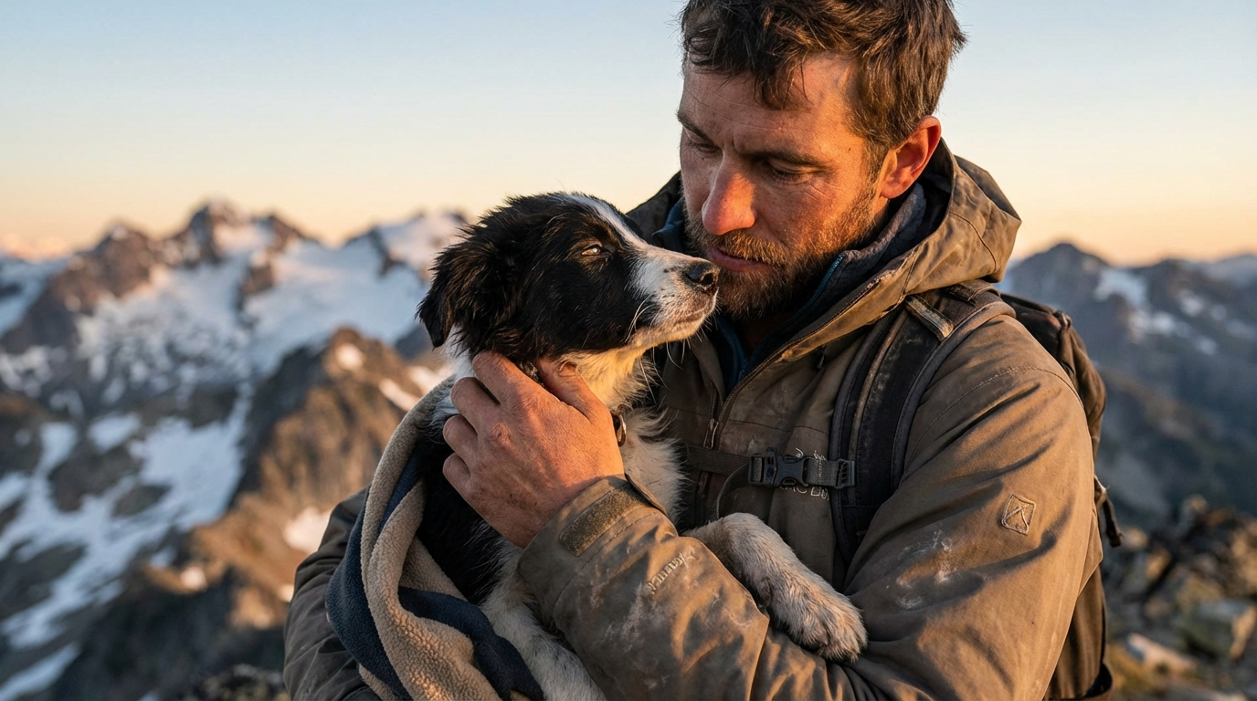 Un chiot affaibli mais en sécurité dans les bras d'un randonneur, avec un paysage de montagne grandiose en arrière-plan.
