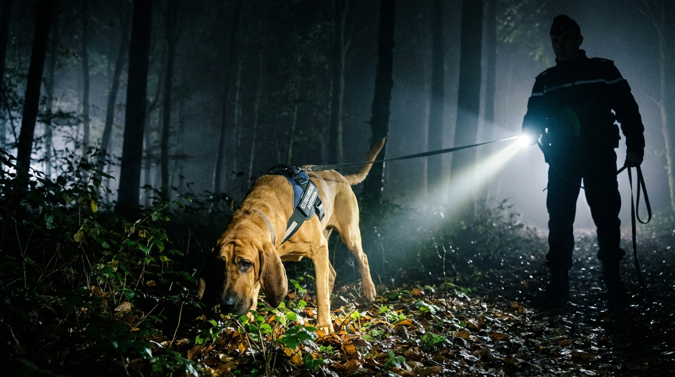 Un Chien de Saint-Hubert de la gendarmerie, concentré, cherche une piste en forêt la nuit aux côtés de son maître-chien.