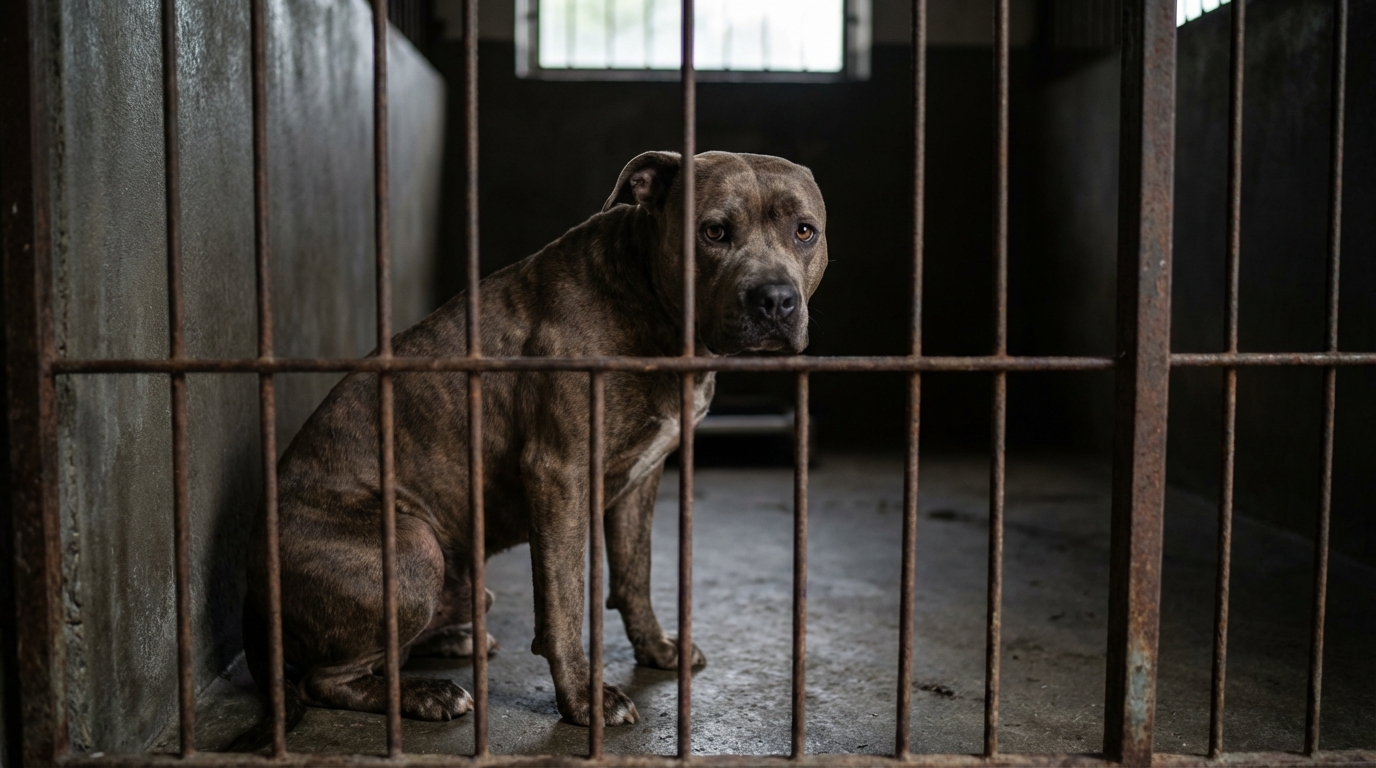 Un chien de type pitbull au regard triste, assis seul derrière les barreaux d'un box de refuge, symbolisant l'isolement.