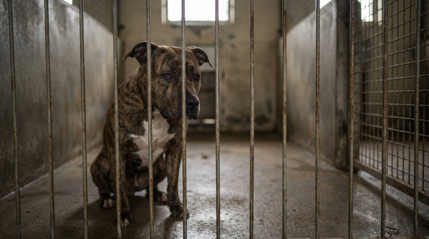 Un chien de type American Pitbull Terrier au regard triste, assis seul derrière les barreaux de son box dans un chenil.