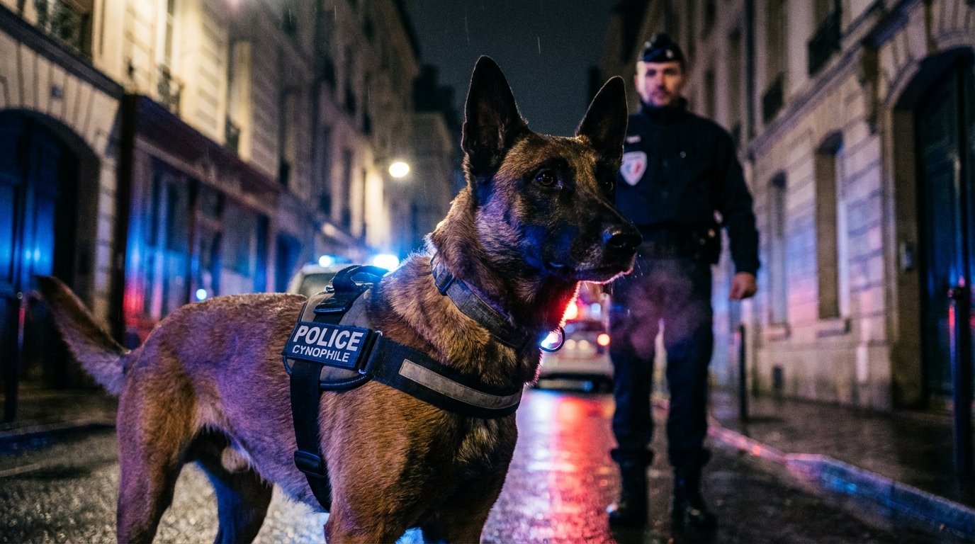Un chien policier de type Malinois, concentré, aux côtés de son maître lors d'une intervention nocturne en ville.