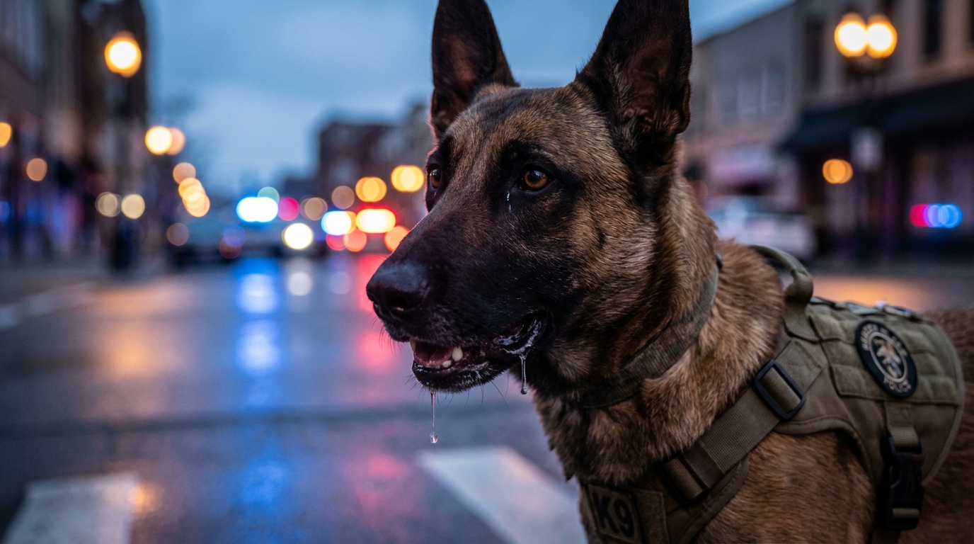 Un chien de travail de type berger belge malinois, concentré et en alerte, lors d'une situation de tension en extérieur.