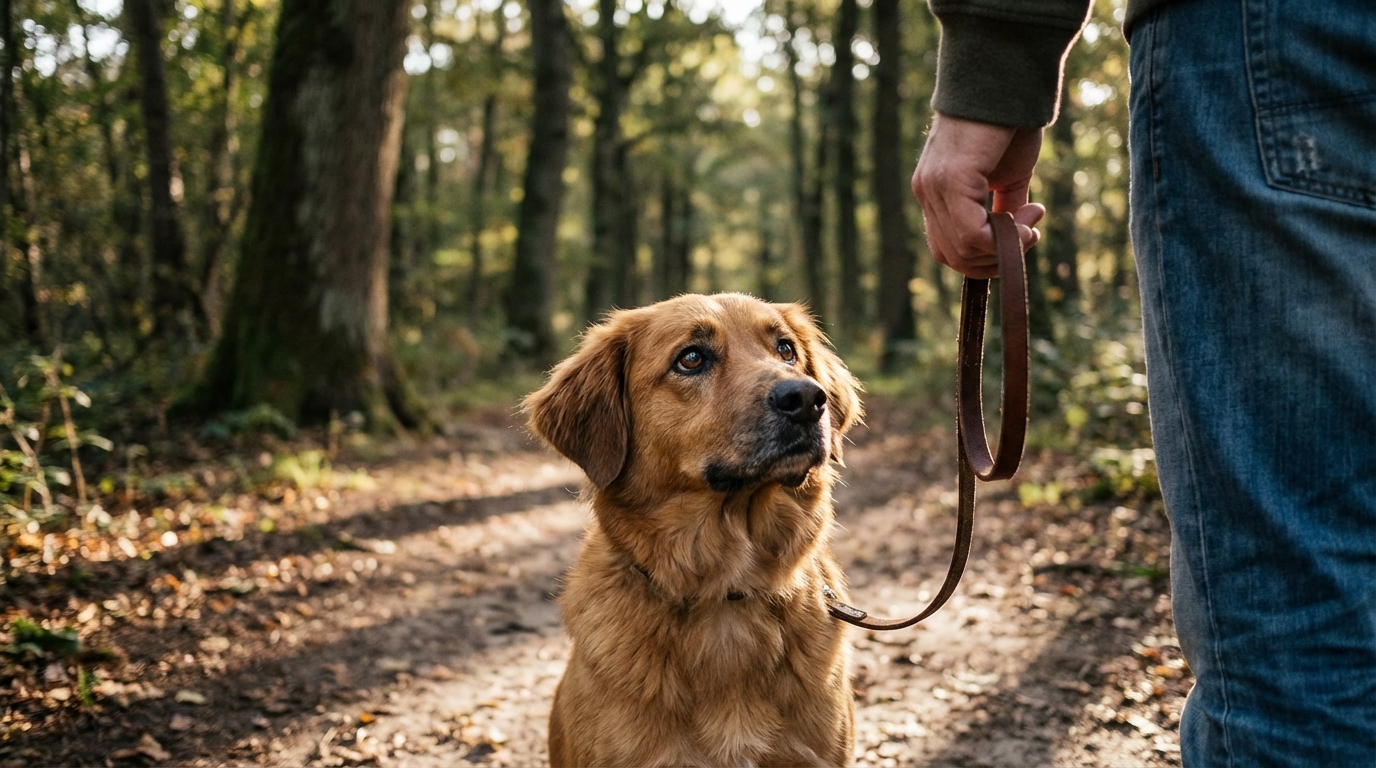 Un chien de type golden retriever regarde son maître avec inquiétude, tenu en laisse courte lors d'une promenade dans un sentier boisé.