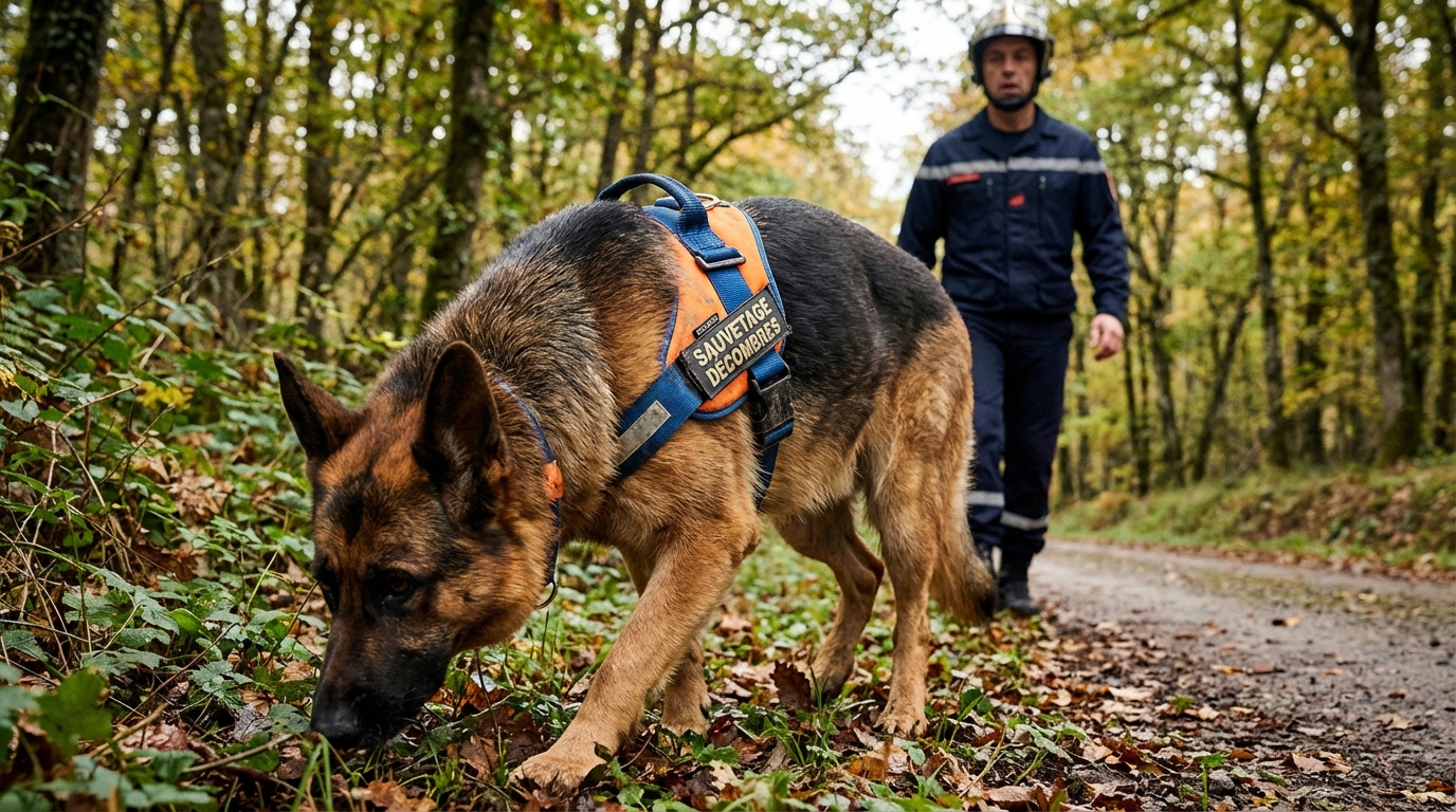 Un chien de recherche et sauvetage, concentré, travaillant aux côtés d'un pompier lors d'une mission de secours en forêt.