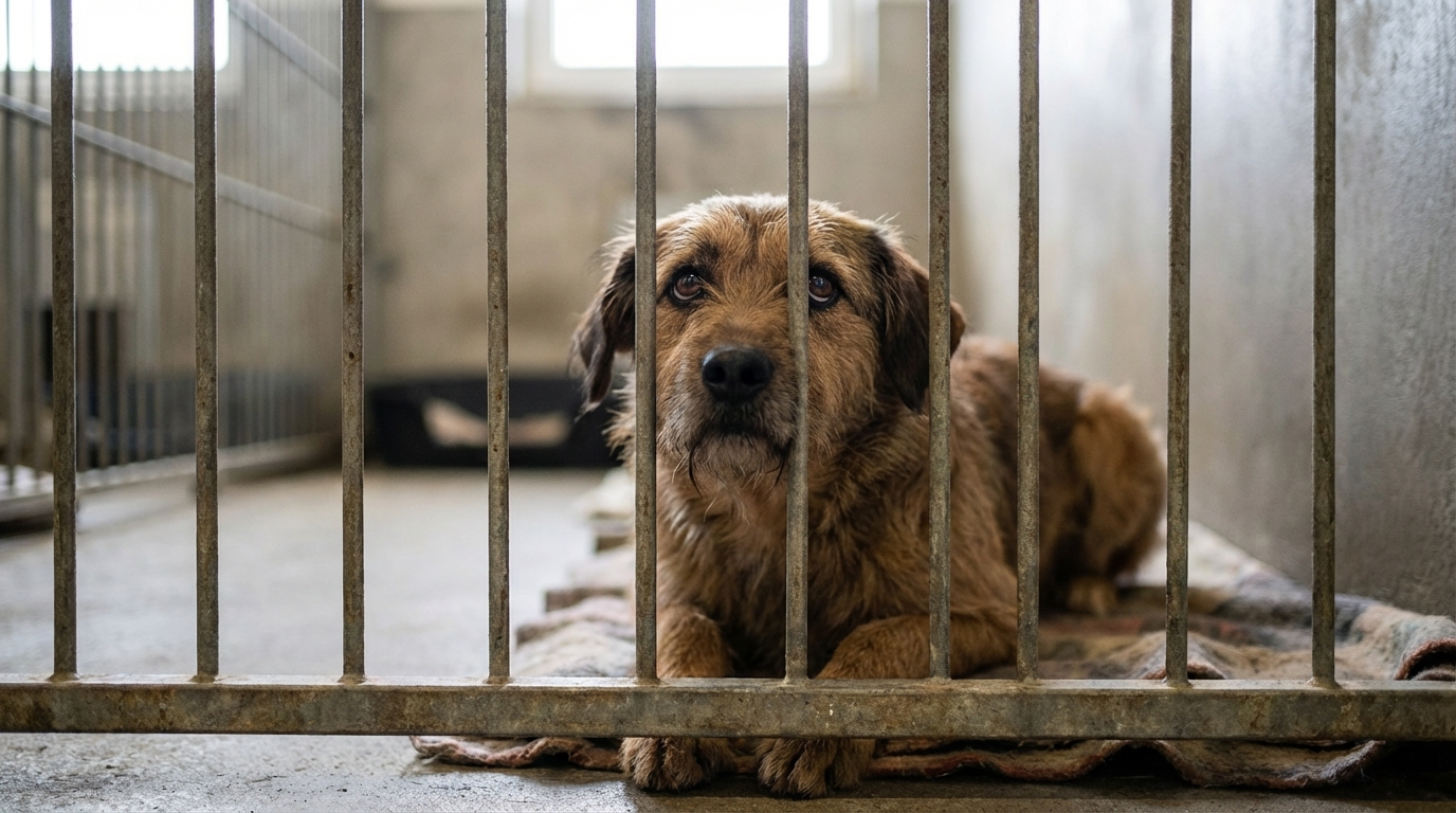 Un chien au regard triste dans son box au refuge de la SPA, symbolisant la vulnérabilité des animaux face à la malveillance.
