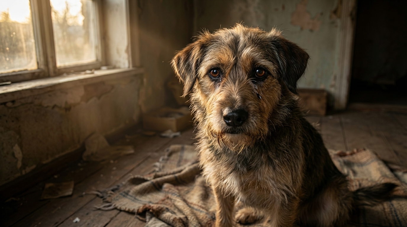 Un chien au regard mélancolique, assis seul, symbolisant la vulnérabilité des animaux face à la maltraitance.