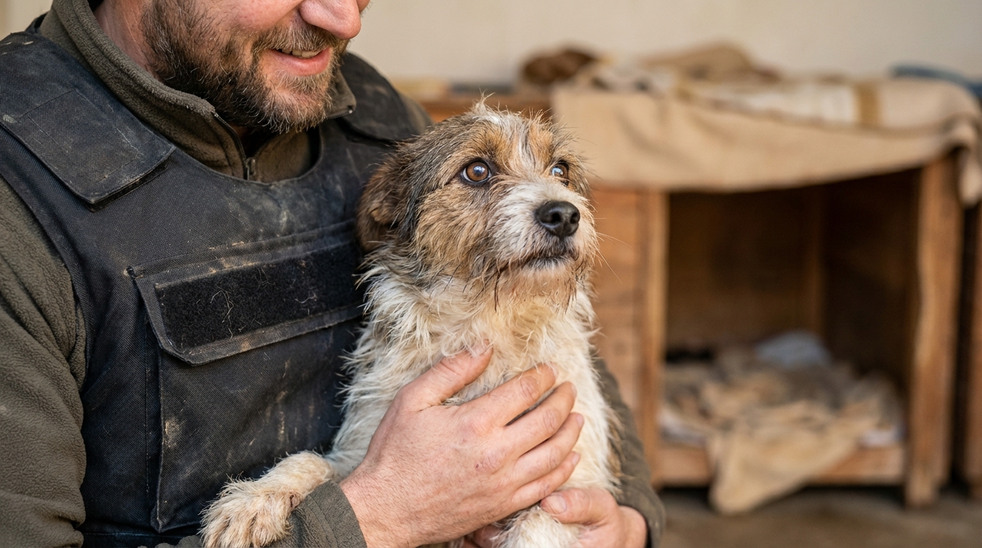 Un petit chien aux yeux tristes mais pleins d'espoir est tendrement tenu dans les bras d'un membre d'une association animale après son sauvetage.