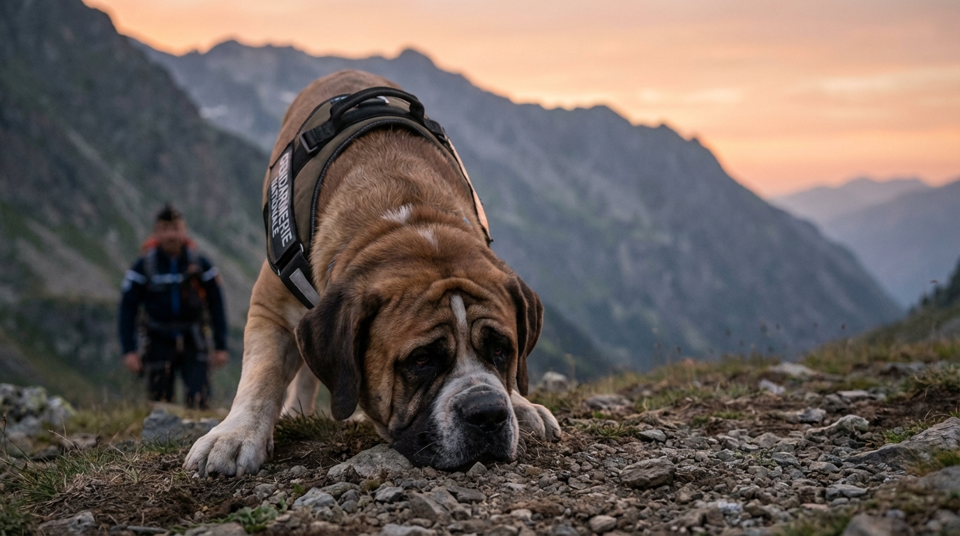 Un chien de race Saint-Hubert, concentré, travaille avec son maître-chien gendarme lors d'une recherche en montagne.