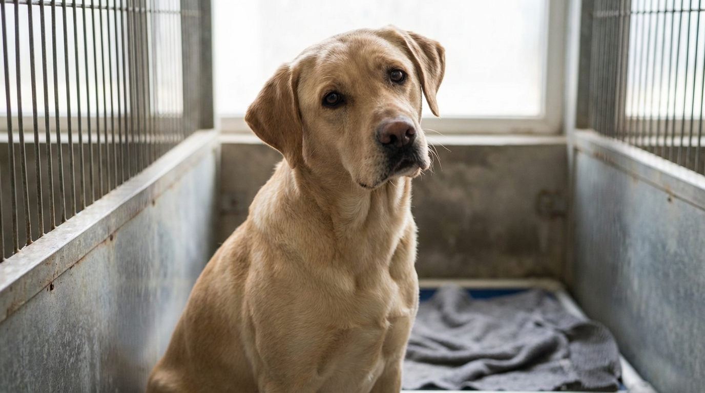 Sapeur, un adorable chien croisé Labrador au pelage sable, regarde avec espoir depuis son box au refuge, attendant une famille aimante.