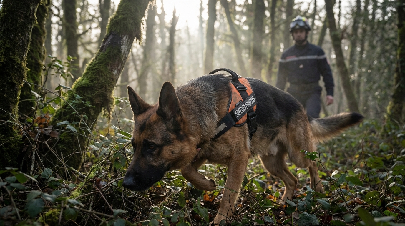 Un chien de sauvetage des sapeurs-pompiers, concentré, cherche une personne disparue dans une zone boisée aux côtés de son maître.