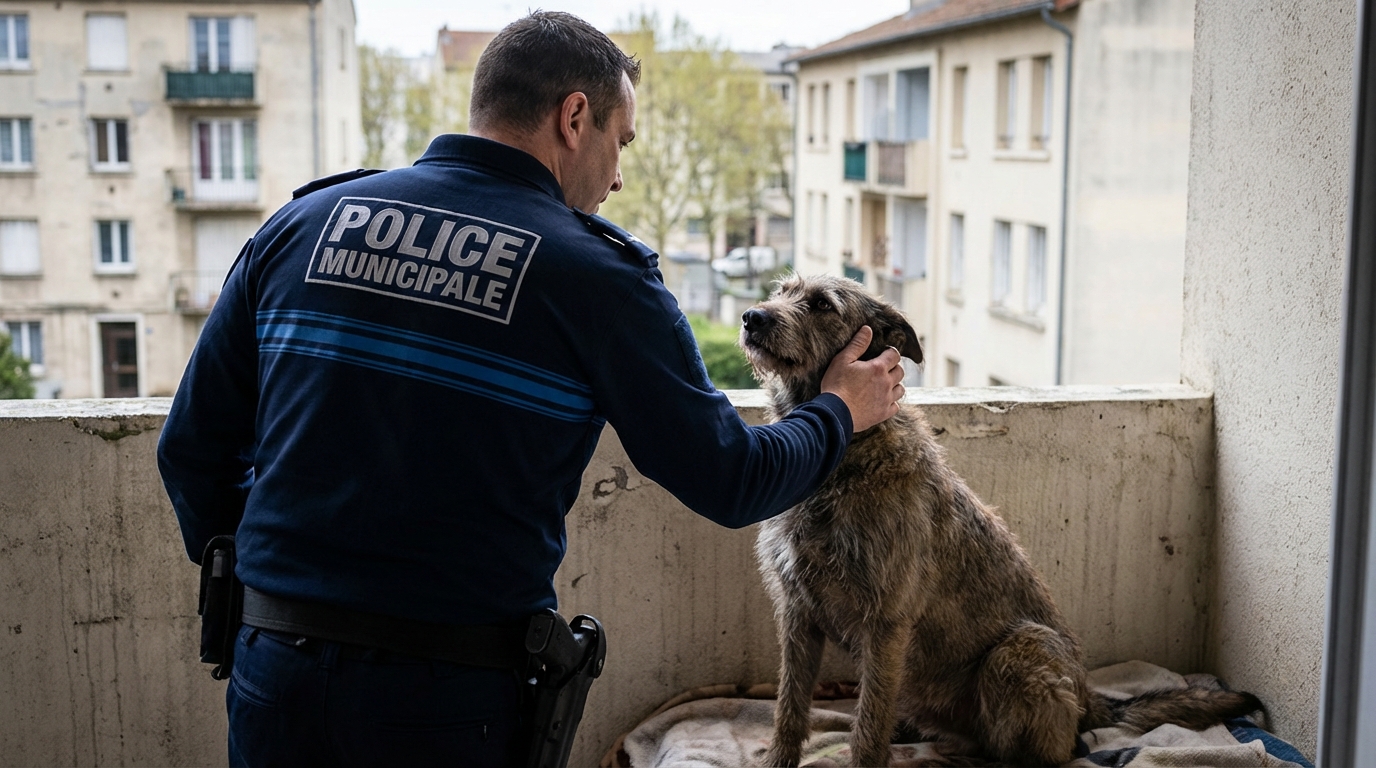 Un chien au regard plein d'espoir est pris en charge par un policier municipal après avoir été sauvé d'un balcon.
