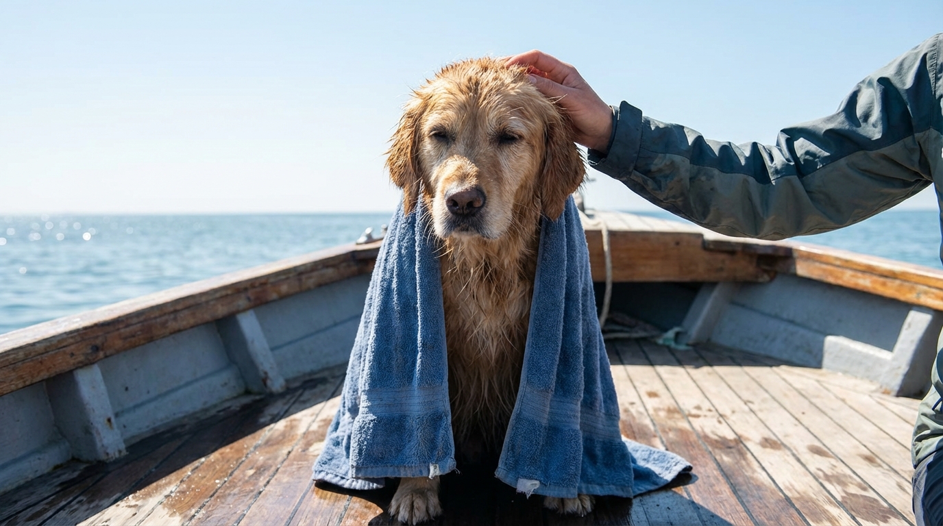 Un chien mouillé et fatigué mais en sécurité sur le pont d'un bateau, regardant avec gratitude une personne qui le réconforte.