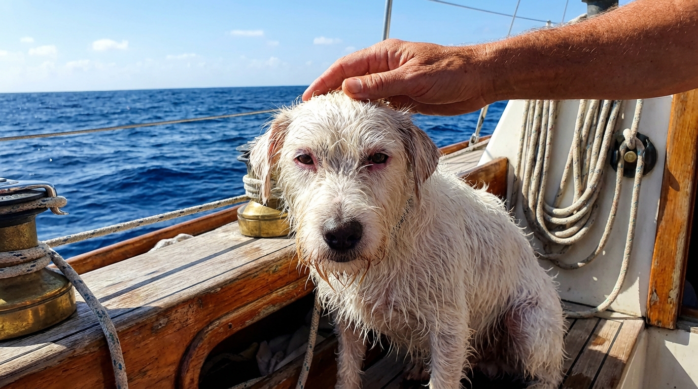 Un chien blanc, mouillé et l'air épuisé mais soulagé, assis sur le pont d'un voilier, regardant une famille avec gratitude.