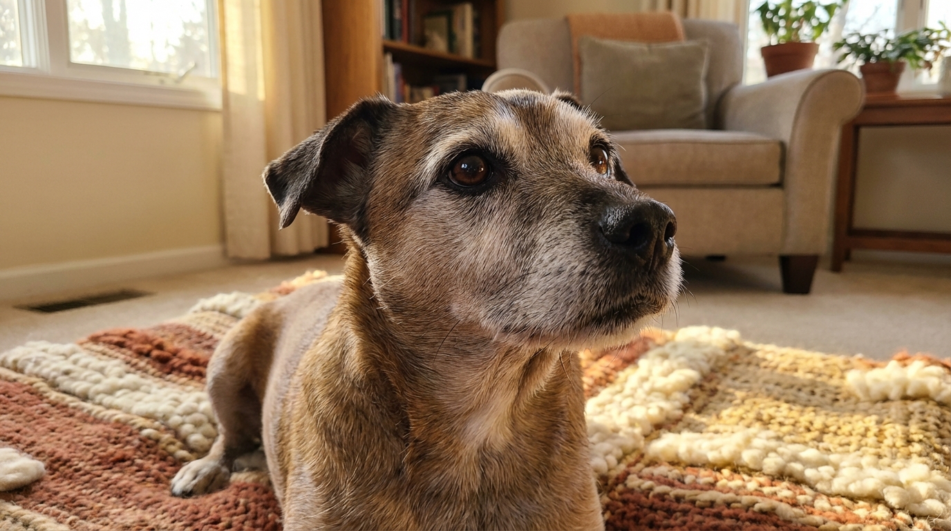 Un vieux chien au pelage grisonnant, assis dans un salon confortable, regarde avec tendresse une personne hors champ.