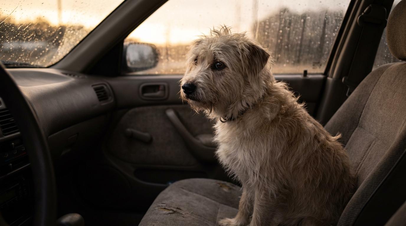 Un petit chien de type terrier regarde tristement par la fenêtre d'une voiture, semblant attendre le retour de son maître après un drame.