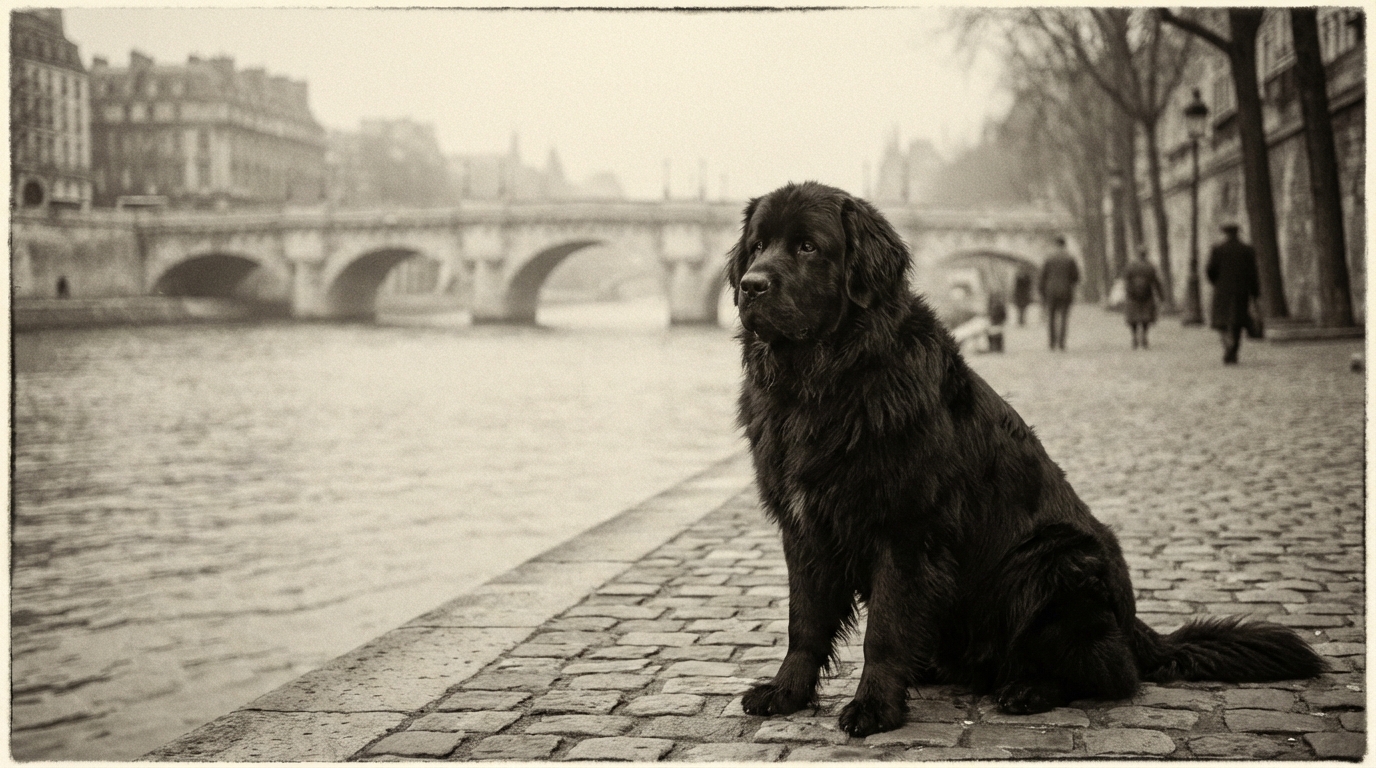 Un grand chien de race Terre-Neuve, noir et majestueux, assis sur un quai pavé parisien, regardant pensivement la Seine.