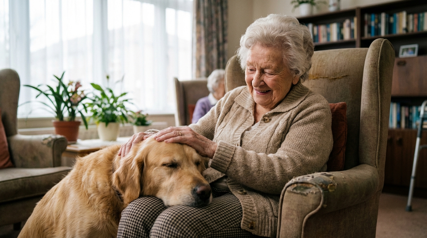 Un chien affectueux pose sa tête sur les genoux d'une résidente assise dans un fauteuil, créant un moment de tendresse et de joie.