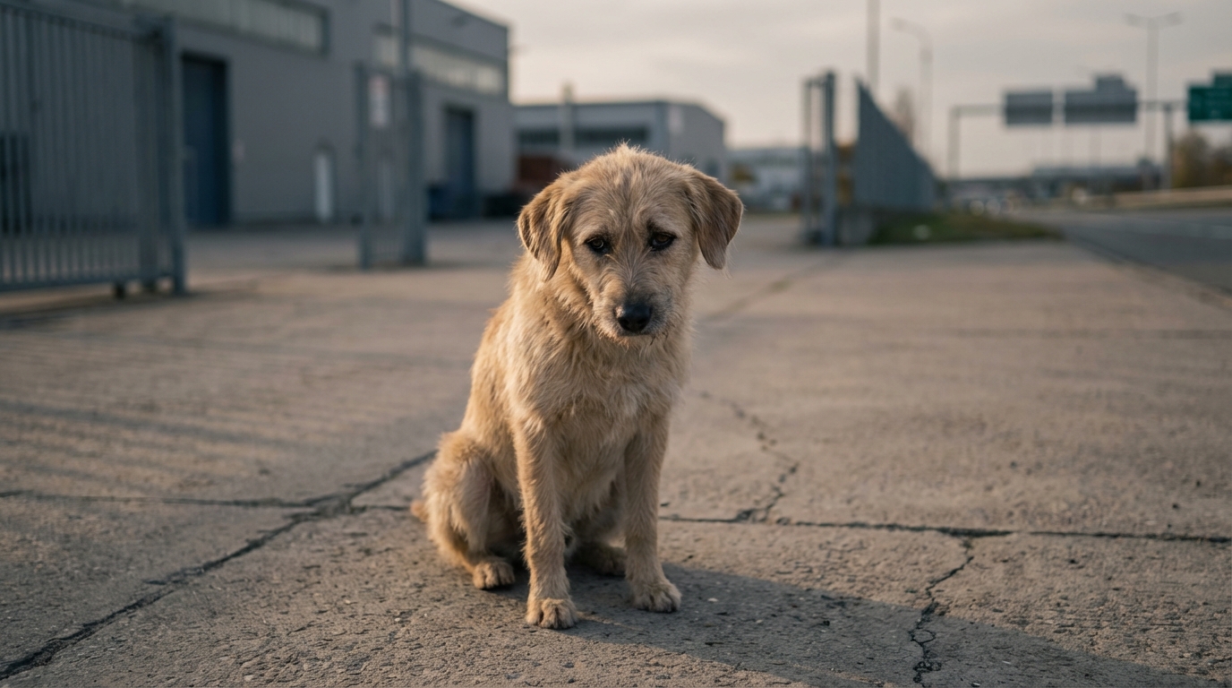 Un chien au regard triste et mélancolique, assis seul, symbolisant l'abandon et la maltraitance animale.