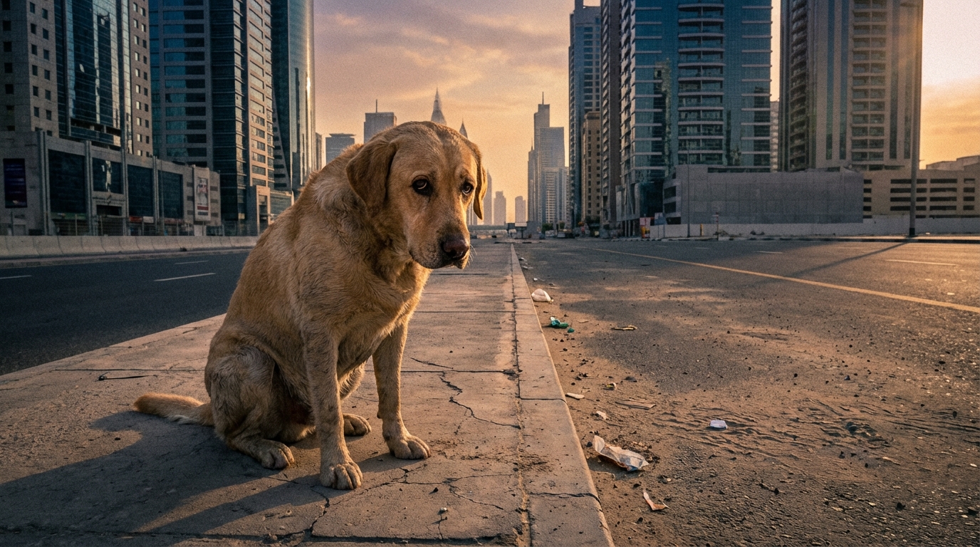 Un chien de type golden retriever assis seul sur un trottoir, l'air triste et abandonné, regardant au loin dans une rue déserte.
