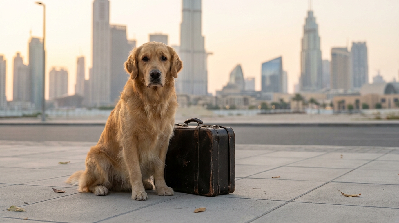 Un chien de race croisée est assis seul sur un trottoir désert, le regard perdu, symbolisant le drame de l'abandon.