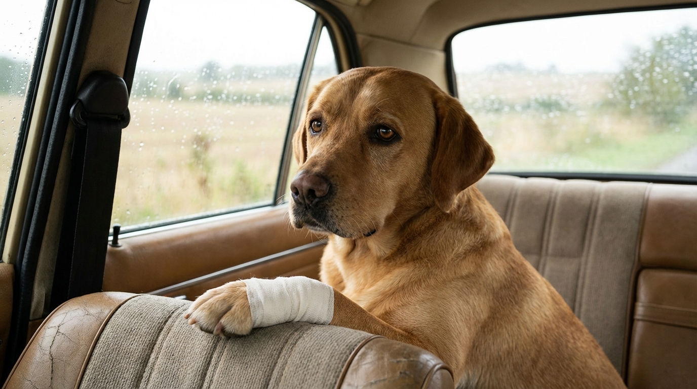 Un chien au regard triste et inquiet regarde à travers la vitre d'une voiture, une de ses pattes avant est enveloppée dans un bandage.
