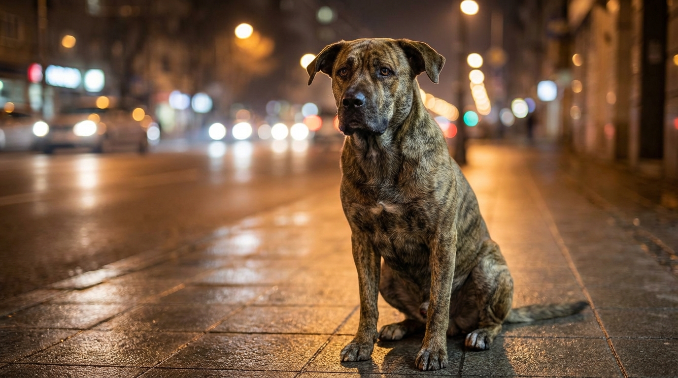 Un chien de type molosse, l'air perdu et anxieux, assis dans un environnement urbain sombre, symbolisant la tragédie.